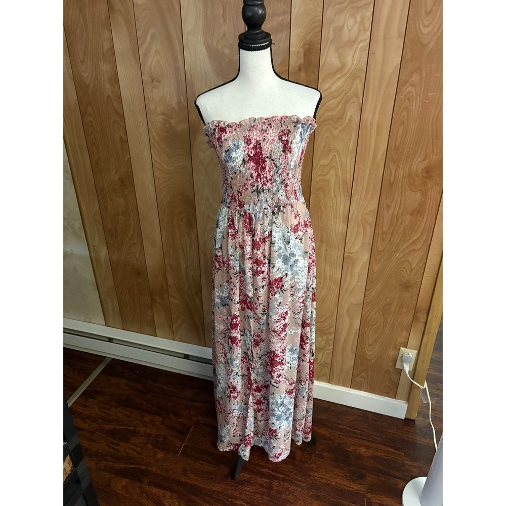 Shein Strapless Maxi Dress Red Floral‎ Smocked Bodice Small Boho Summer Beach